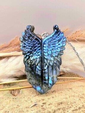 Nature Labradorite Carved Angel Wing Pendant Necklace